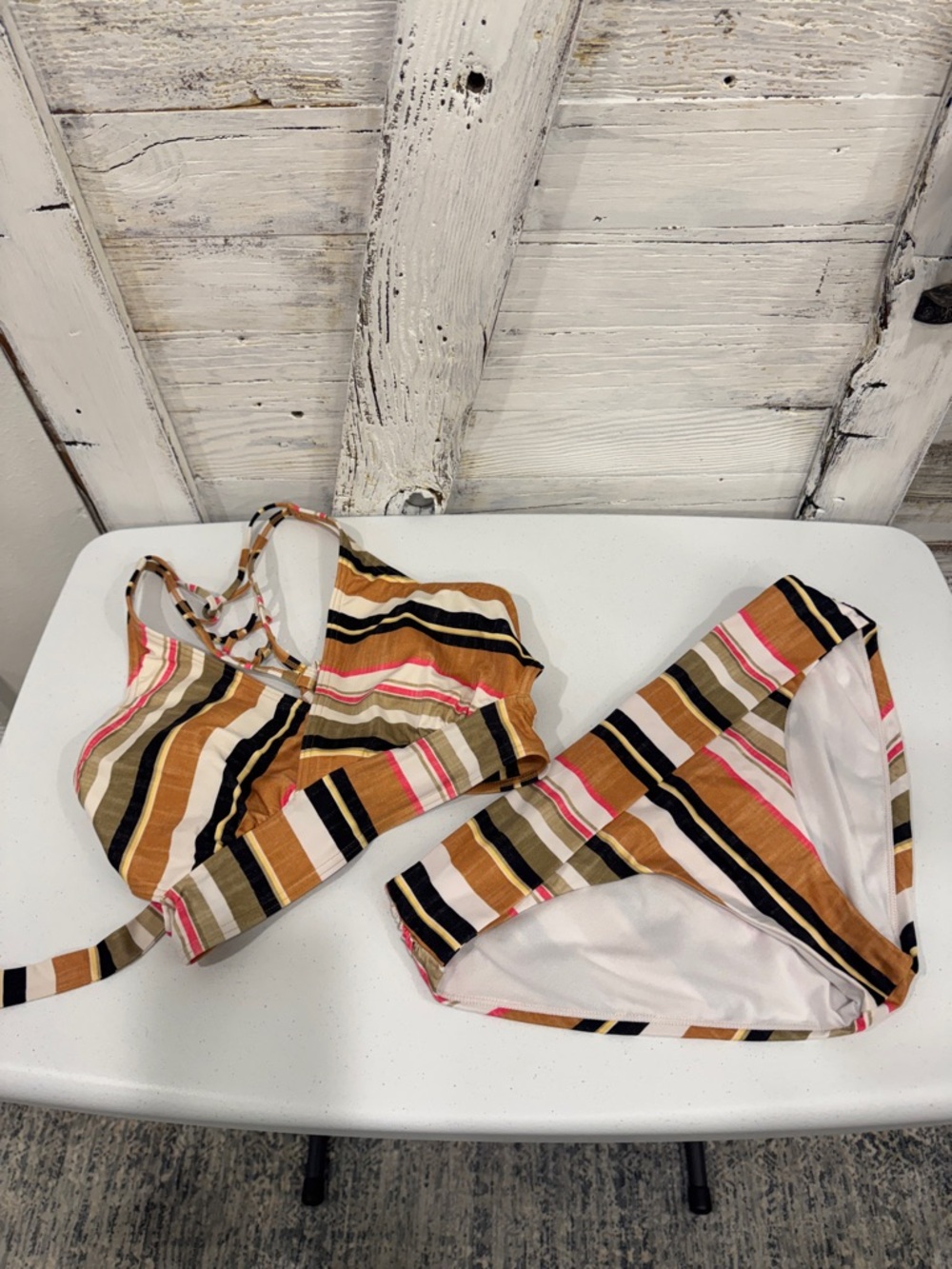 Prana Multicolor Striped Bikini Top in Mustard, Pink & Black